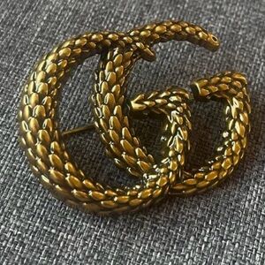 Gucci GG Dark Gold Snake Skin Vintage Brooch Steel Logo Monogram 1.9”